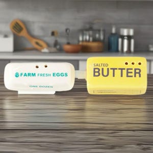 May include: A white ceramic egg holder with the text "FARM FRESH EGGS" and a yellow ceramic butter dish with the text "SALTED BUTTER" are connected on a wooden surface. The egg holder reads "ONE DOZEN".