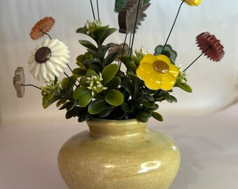 Vintage Ceramic Vase with Plastic Flower Arrangement