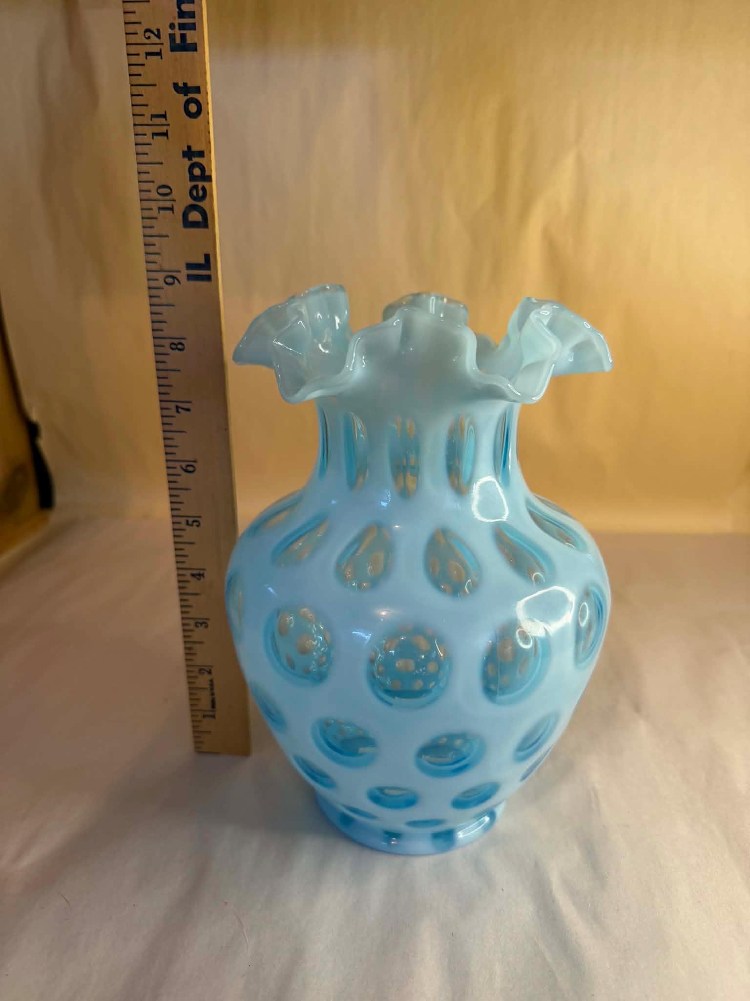 Vintage Fenton Art Glass Blue Opalescent Coin Dot Ruffled Vase - Etsy