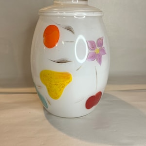 Bartlett Collins Cookie Jar Glass White Painted Fruit Flowers Gay Fad Vintage