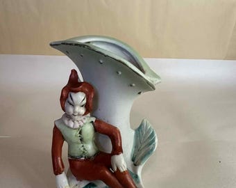 Vintage Green Pixie Elf Figure with leaves Vase Planter made in Japan Rare