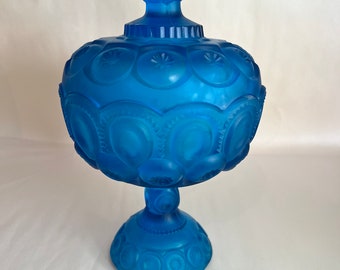 L.G. Wright Moon and Star Colonial Blue Satin 10” Compote Candy Dish