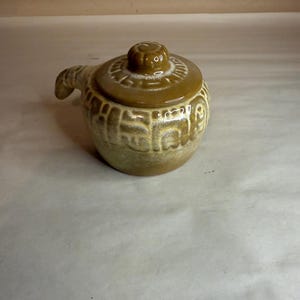 Vintage Frankoma Pottery Mayan Aztec Dessert Gold Individual Soup Cup w Handle