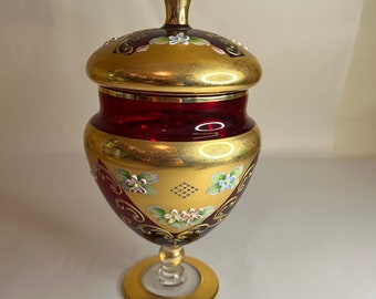Venetian Murano Ruby and Gold Footed Jar with Lid