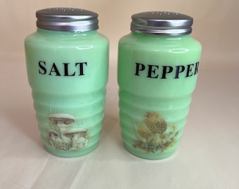 Jadeite Mushroom Green Barrel Salt and Pepper Shakers