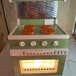Vintage Sears Junior Chef Steel Stove with Stainless Backsplash and Hood Easy Bake Like Oven Avacado Green Orange White Childs Stove Toy