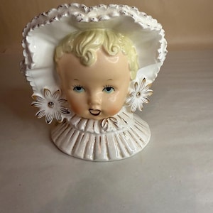 Vintage 1956 Napco Baby w Bonnet Head Vase Planter