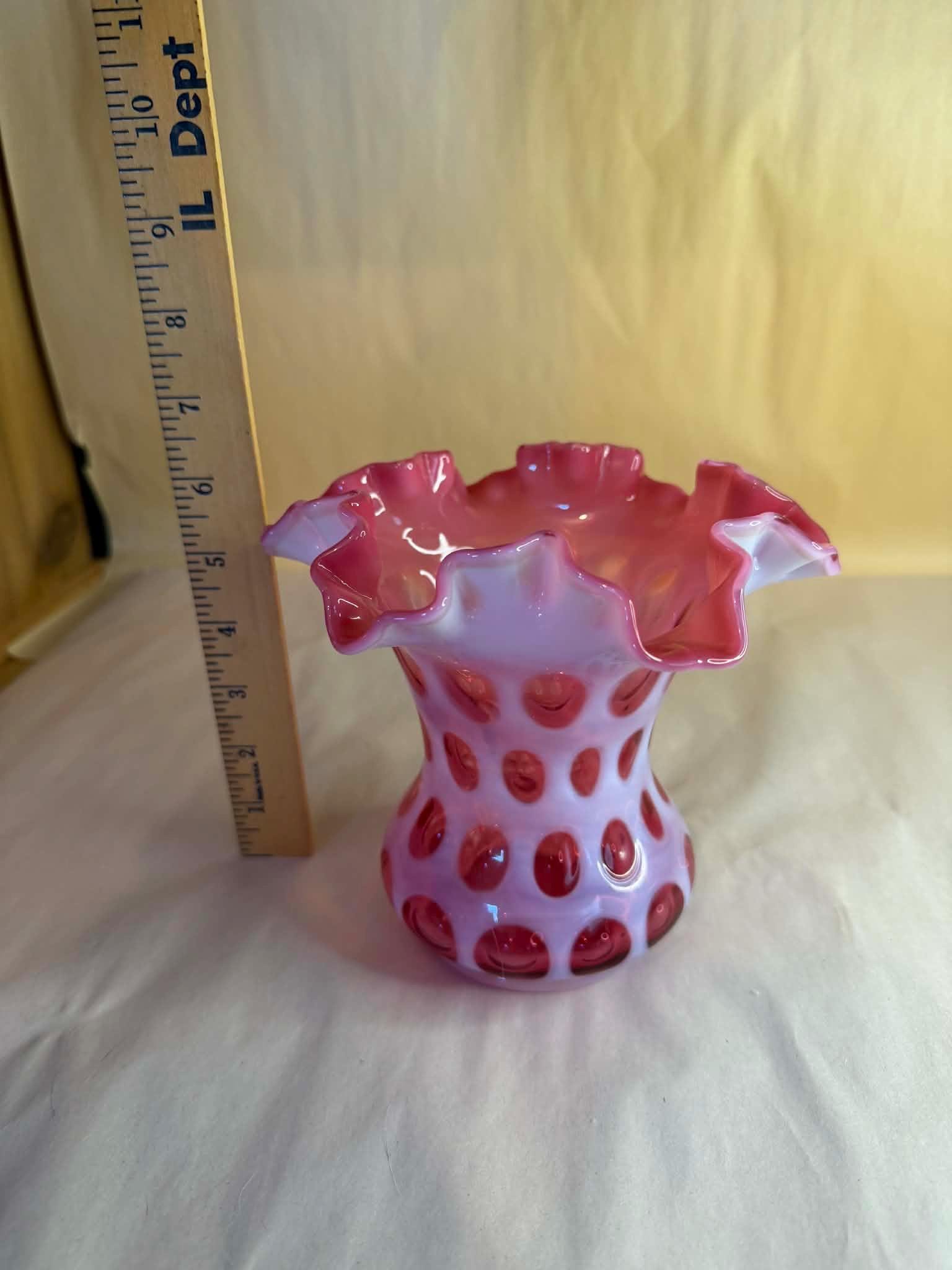 Vintage Fenton Art Glass Cranberry Opalescent Coin Dot Ruffled Vase - Etsy
