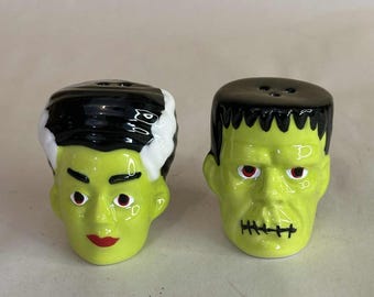 Ceramic Halloween Frankenstein and Bride Salt and Pepper Shakers Pair