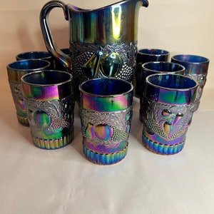 Westmoreland Della Robbia Pattern Levay Cobalt Carnival Pitcher Set w 10 Tumblers