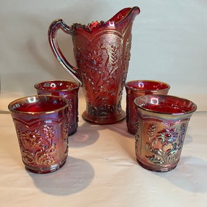 Imperial Glass Ruby Red Carnival Sunset Field Flower Pitcher w 4 Glasses