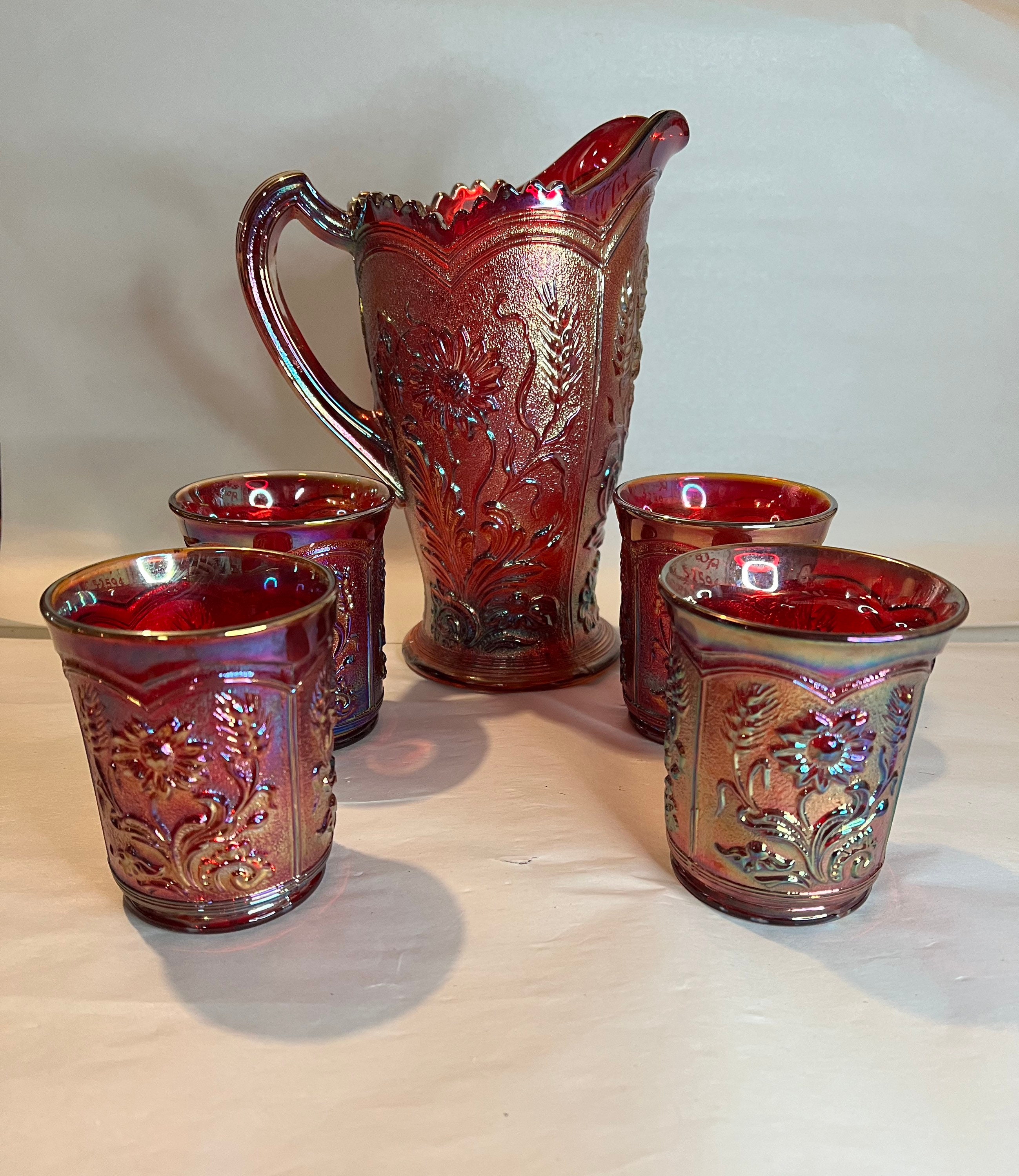 Imperial Glass Ruby Red Carnival Sunset Field Flower Pitcher W 4