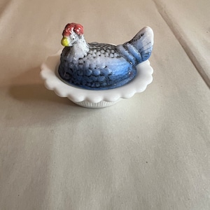 Mini Hen on Nest Salt Cellar Hand Painted Blue