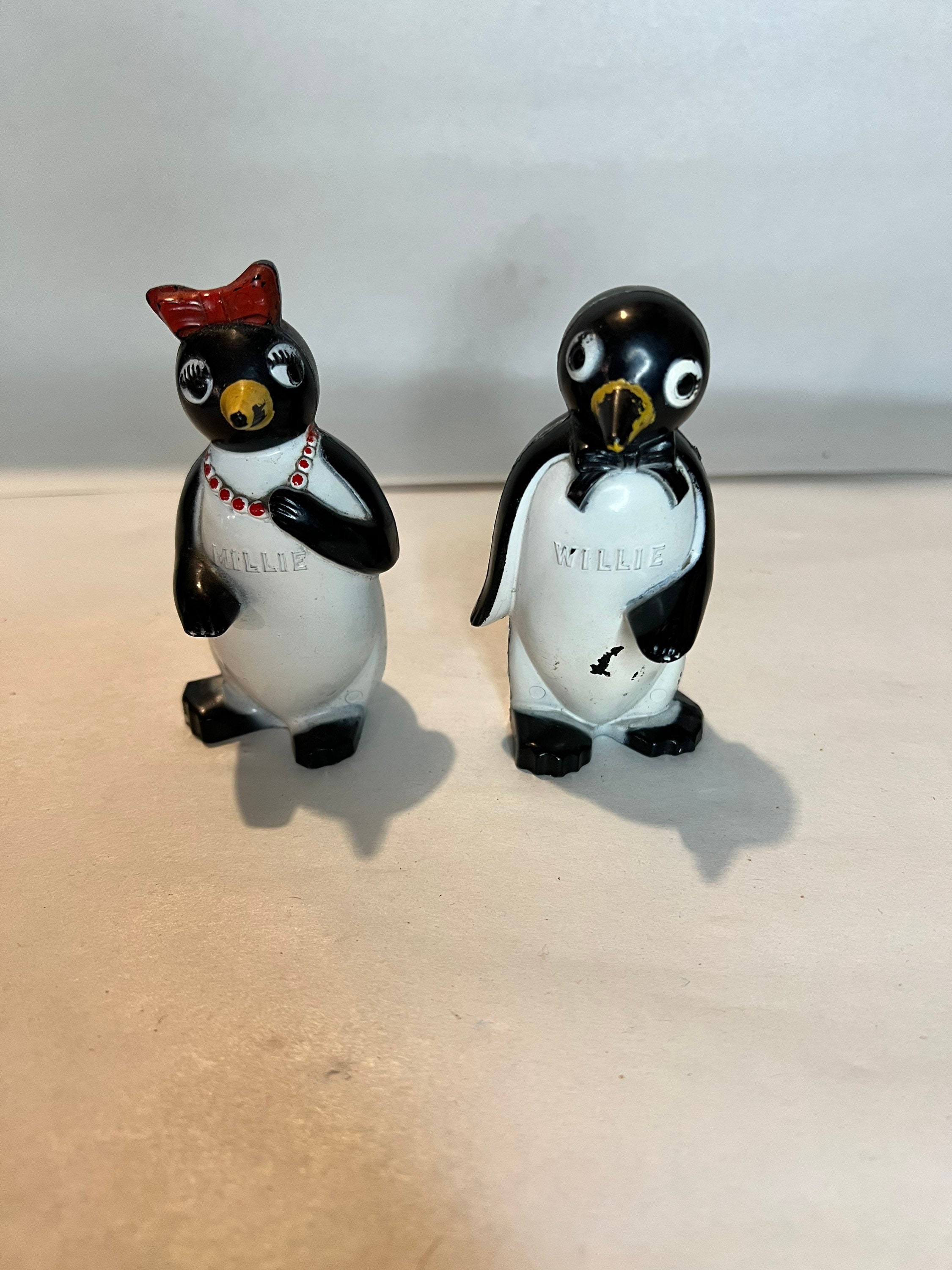 Vintage 1950's Willie & Millie Penguin Plastic Salt and Pepper