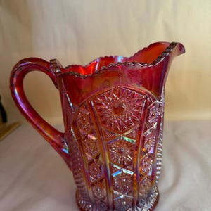 Vintage Ruby Red Carnival Glass Pitcher Iridescent Pressed Starburst Pattern