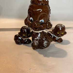 Vintage Kitschy Redware Brown Mom And 2 Baby Poodles Dog Figurines made in Japan