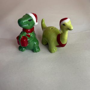 Ceramic Christmas Holiday Dinosaur Salt and Pepper Shakers Pair