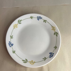 May include: A white ceramic plate with a green and blue floral design around the rim. The flowers are yellow, blue, and green.