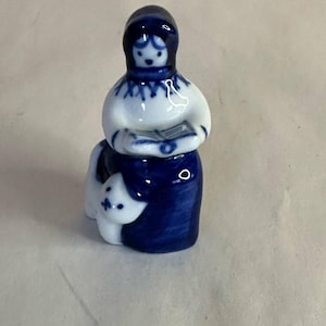 Vintage Russian Porcelain Woman Blue and White Figurine