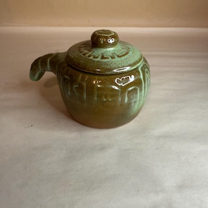 Vintage Frankoma Pottery Mayan Aztec Prairie Green Individual Soup Cup w Handle
