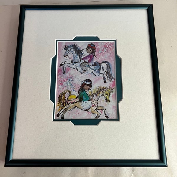 Vintage Ted DeGrazia Signed Children Playing on Horses Matted Framed 8X10 Painting