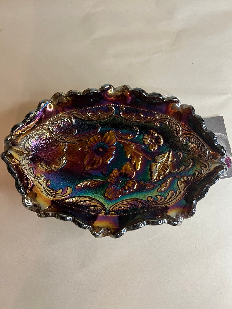 Fenton Amethyst Carnival Glass Poppy Flowers Candy Relish Dish Etsy