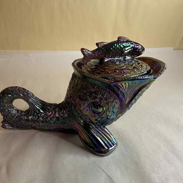 Vintage Amethyst Carnival Dolphin Fish Covered Candy Dish