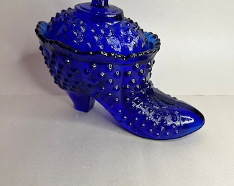 Fenton Cobalt Blue Hobnail Shoe Candy Dish Trinket Box