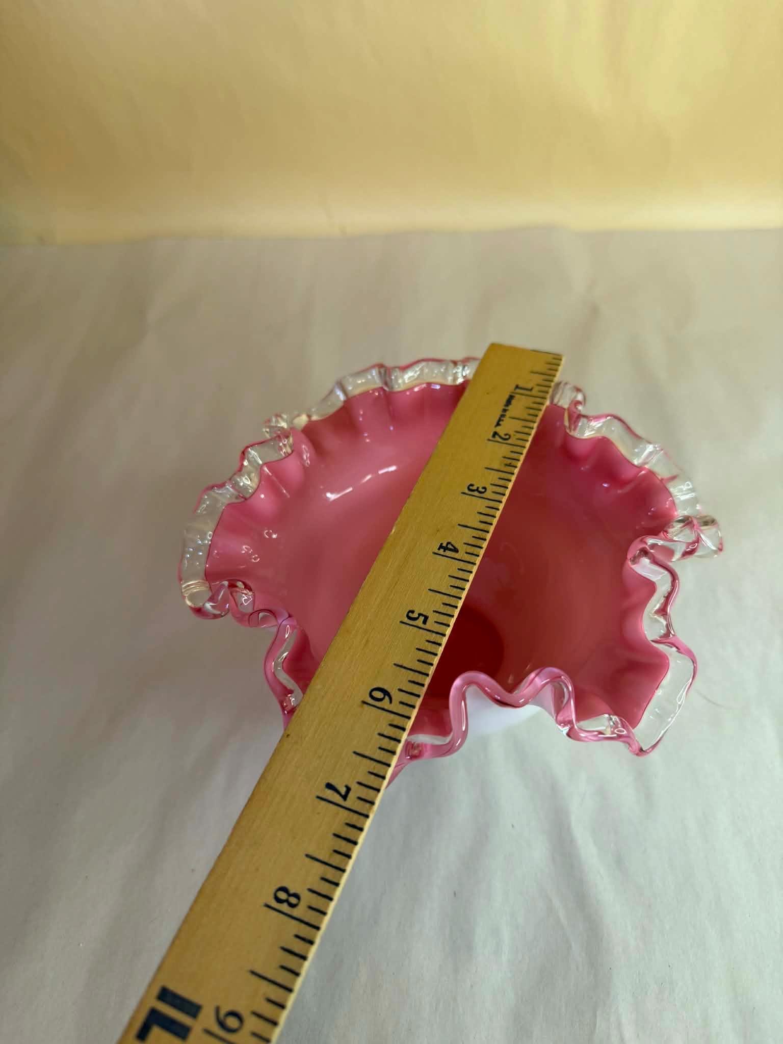 Vintage Fenton Cased Milk Glass Silver Crest White Rose Bowl Pink