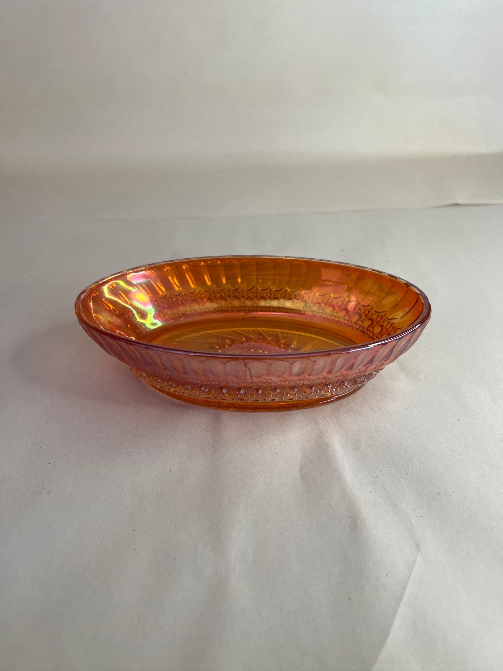 Antique Imperial Marigold Flute & Cane Carnival Glass Oval Relish Dish