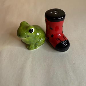 Ceramic Frog and Ladybug Boot Salt and Pepper Shakers Pair