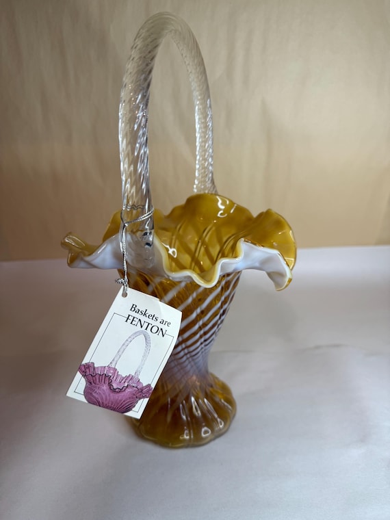 Fenton Art Glass Basket Autumn Gold Spiral Optic - Etsy
