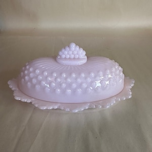 Pink Milk Glass Crown Tuscan Hobnail Stick Oval Butter Dish
