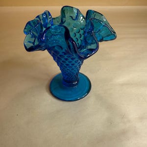 Vintage Fenton Hobnail Blau Glas Mini Rüschen Glasvase