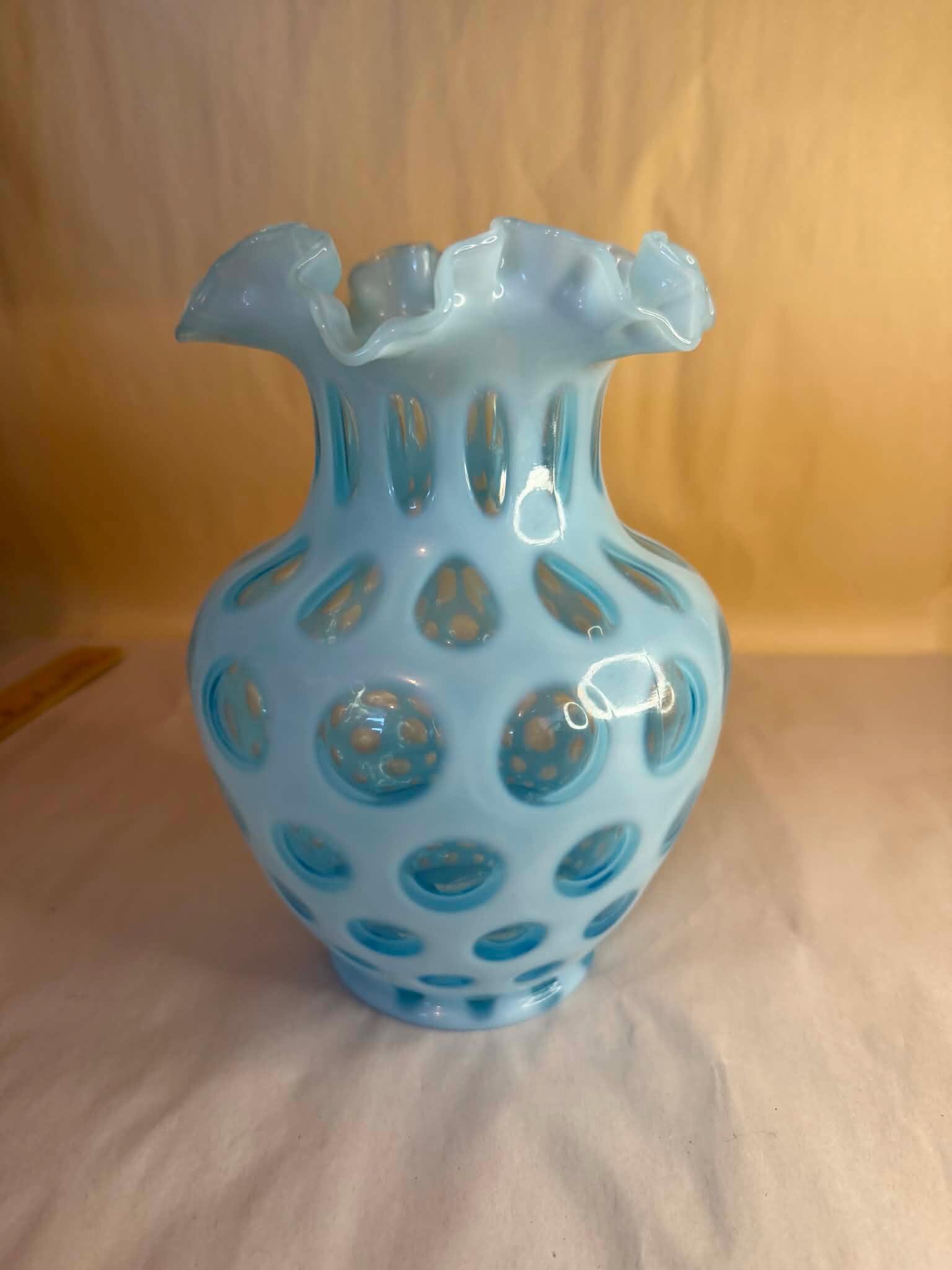 Vintage Fenton Art Glass Blue Opalescent Coin Dot Ruffled Vase - Etsy