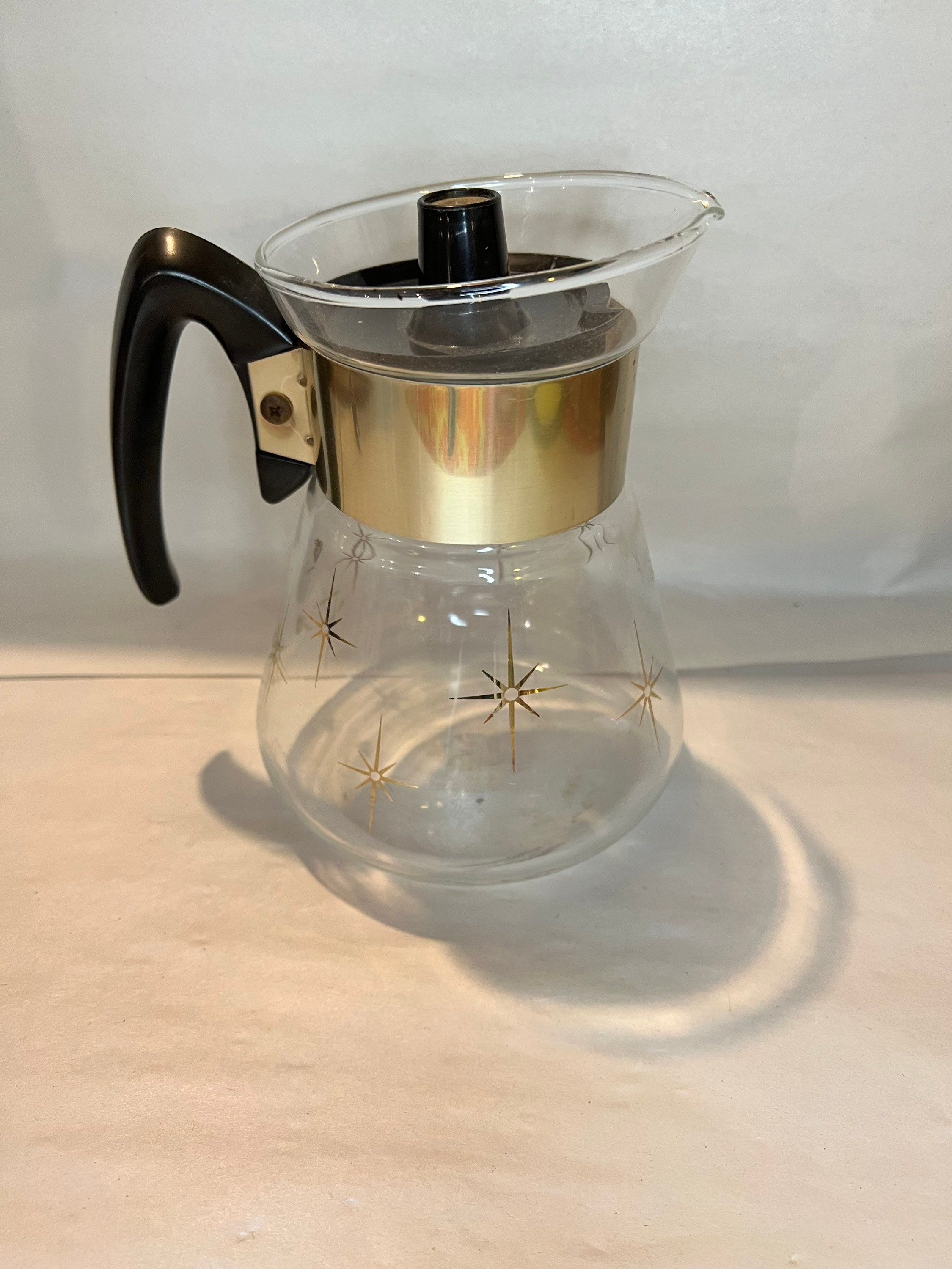 PYREX GLASS 6 CUP COFFEE POT TEA CARAFE GOLD STARBURST STAINLESS STEEL  BLACK on eBid United States