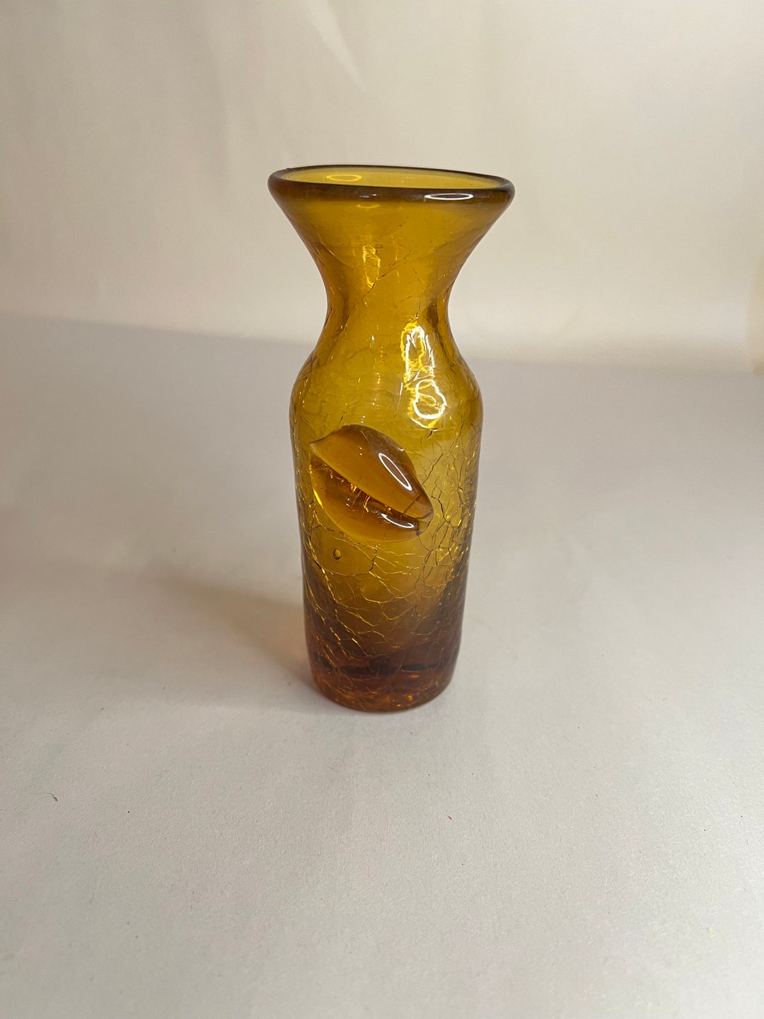 Vintage Blinko Amber Crackle Glass Vase W Applied Leaf Etsy
