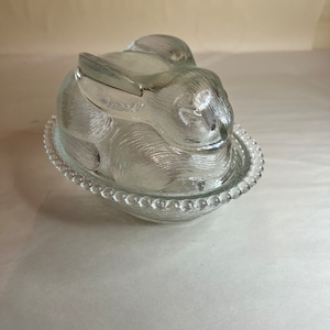 Vintage Clear Bunny Rabbit on Nest Covered Candy Dish