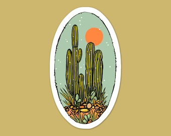 Desert Sunset Cactus & Barbed Wire Frame Vinyl Sticker| Southwestern Landscape Laptop Sticker | Nature Water Bottle Sticker | Car Decal