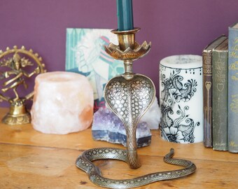 Vintage Indian Cobra Brass Snake Candle Holder | Single Naag Serpent Dinner Candlestick Ornately Etched in Unusual Silvery Feather Pattern