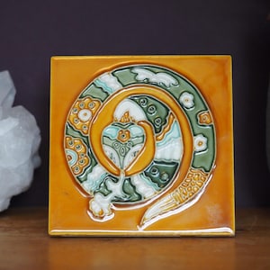 Vintage Chinese Zodiac Snake Glazed Ceramic Tile Decoration | 4 x 4&quot; Wall & Table Mount Lunar New Year Snake Art | Far East Serpent Ornament