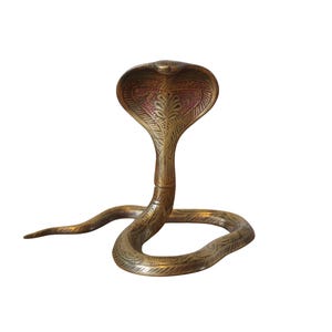 May include: A brass cobra statue with detailed etched patterns. The snake is posed upright, with its hood flared and intricately detailed. The statue has a warm, golden colour and is set against a plain white background.