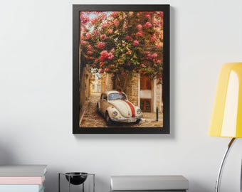 Vintage VW Beetle Under Blooming Tree framed poster | retro car wall art