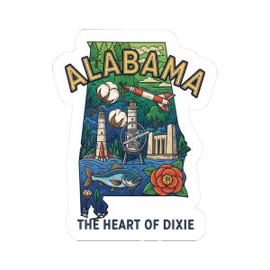 May include: A sticker in the shape of the state of Alabama, featuring a colorful illustration. The design includes a rocket, cotton plants, lighthouses, a fish, and a flower. The text "ALABAMA" and "THE HEART OF DIXIE" are also included.