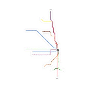 Pode incluir: Um autocolante com um mapa estilizado e colorido do sistema de transportes públicos de uma cidade. O mapa utiliza várias linhas coloridas para representar diferentes rotas, com um quadrado preto central que indica um centro ou estação central. O autocolante tem uma borda branca.