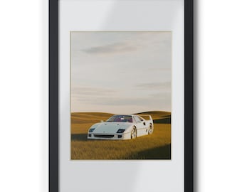 White Supercar in Field Framed Poster | Black Frame