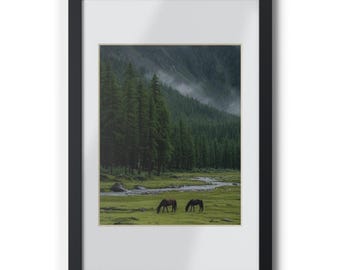 Misty Forest Meadow Horses framed poster | Black frame