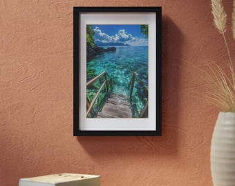 Tropical Seascape Stairway to Crystal Water framed poster | Black Frame