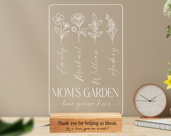 Mamas Garten Geburtsblume Nachtlicht graviertes Geschenk für Mama, LED-Licht-Acryl-Plakette individuelles Geschenk zum Muttertag, personalisierte Nachtlichtlampe