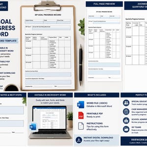 May include: An IEP Goal Progress Record template featuring sections for student information, quarterly progress summaries with checkboxes for mastery levels, and space for instructional adjustments, available as an editable Word document and printable PDF.